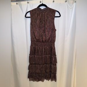 Cocktail dress with rose gold tones, silver and black.